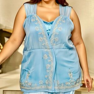 LANE BRYANT Women’s Blue Semi Sheer Embellished Beaded Blouse~Size 26~EUC~SKU195